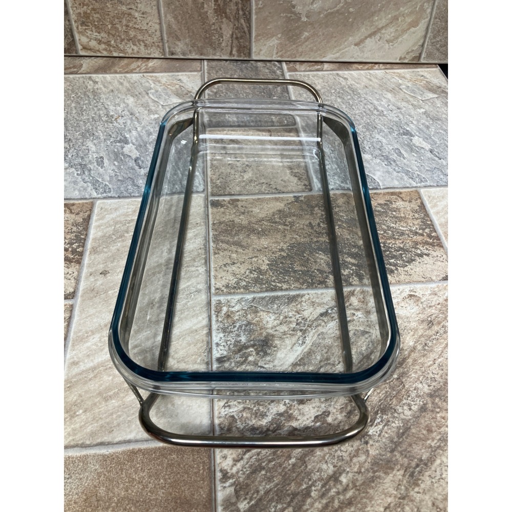Vintage Style Clear Glass Casserole Baking Dish with Silver Tone Metal Stand